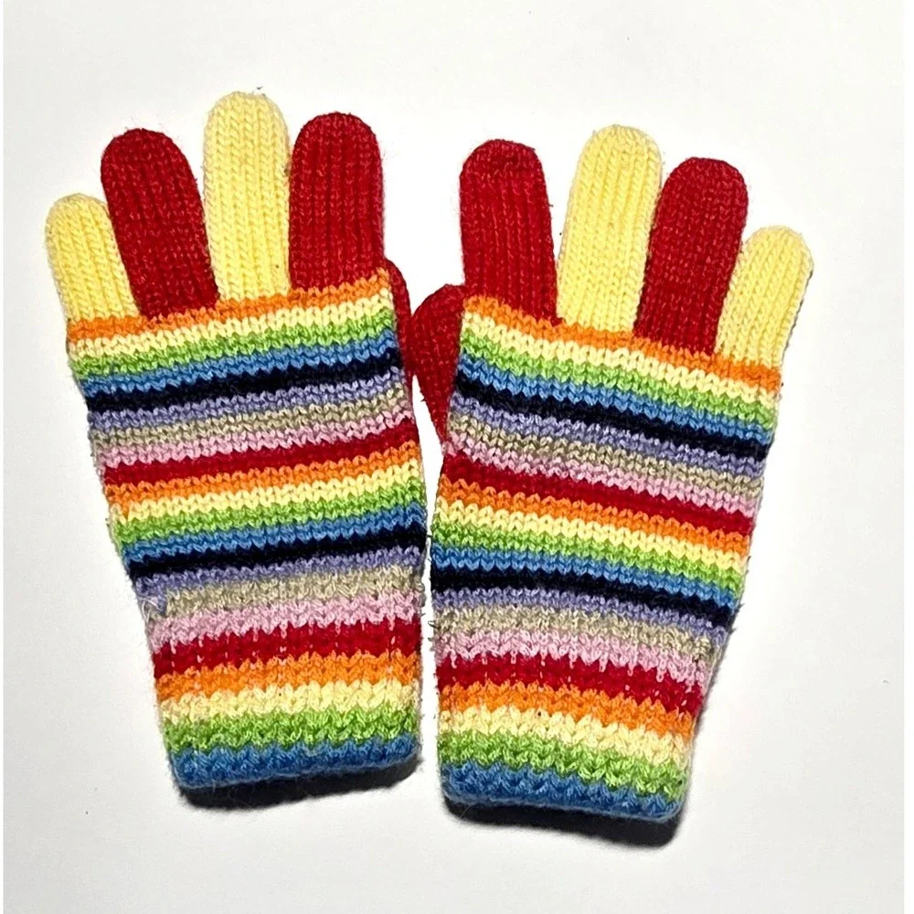 Kids Rainbow Striped Knit Gloves Winter Warm Mittens approx 7.5